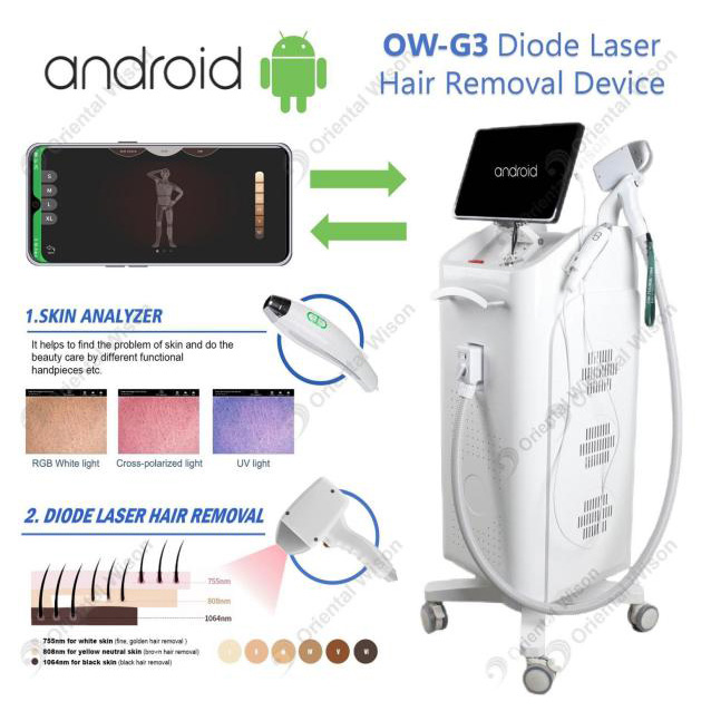 Android -järjestelmän diodi laserkarvanpoistokone ihoanalysaattorilla